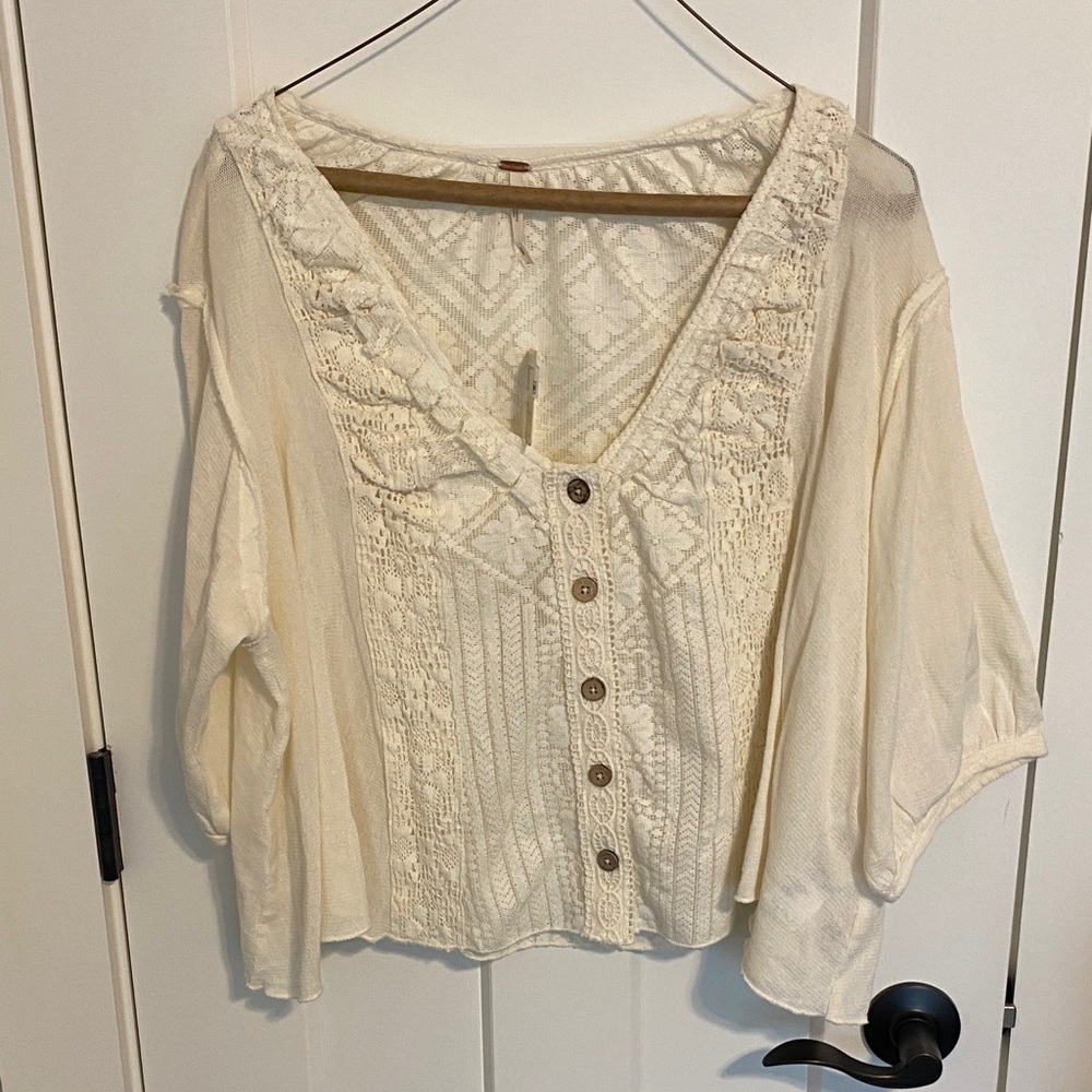 Free People Ivory Crochet Button-Up Blouse